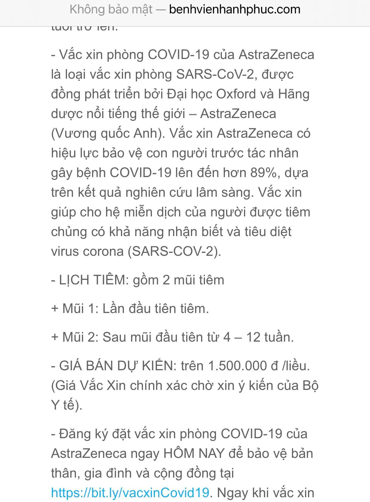 Thông tin đăng ký tiêm vắc xin giá 1,5 triệu đồng tại BV Hạnh Phúc đã được gỡ- ảnh L.N