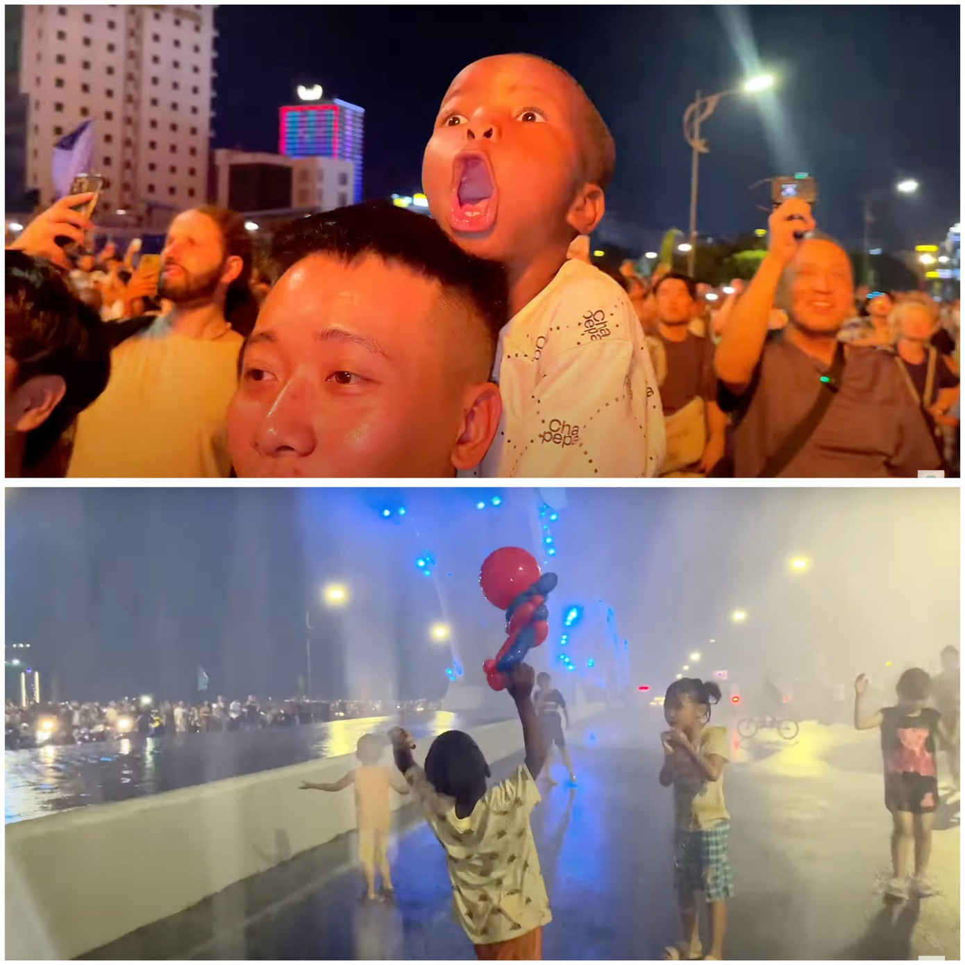 Lôi Con tỏ ra thích thú khi chứng kiến rồng phun lửa, phun nước trên cầu Rồng bên bờ sông Hàn - Đà Nẵng. Ảnh: Quang Linh Vlogs.