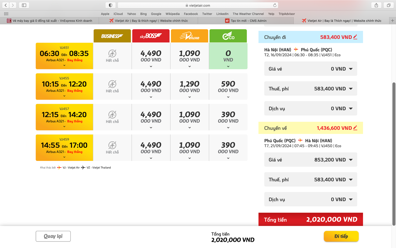 Vé máy bay 0 đồng giúp chặng khứ hồi Hà Nội - Phú Quốc trong tháng 9 chỉ có giá hơn 2 triệu đồng.