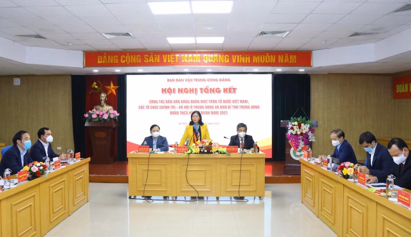 Hội nghị tổng kết công tác dân vận Đảng đoàn Mặt trận Tổ quốc Việt Nam, các tổ chức chính trị - xã hội ở T.Ư và Ban Bí thư T.Ư Đoàn TNCS Hồ Chí Minh năm 2021. Ảnh: Bảo Anh