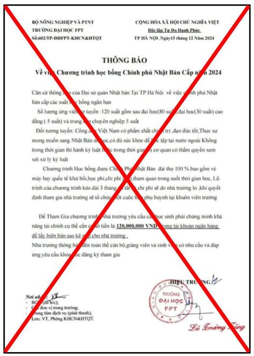 Thông báo ngày 15/12 giả mạo có nội dung về chương trình học bổng Chính phủ Nhật Bản yêu cầu sinh viên chứng minh khả năng tài chính 120 triệu đồng.