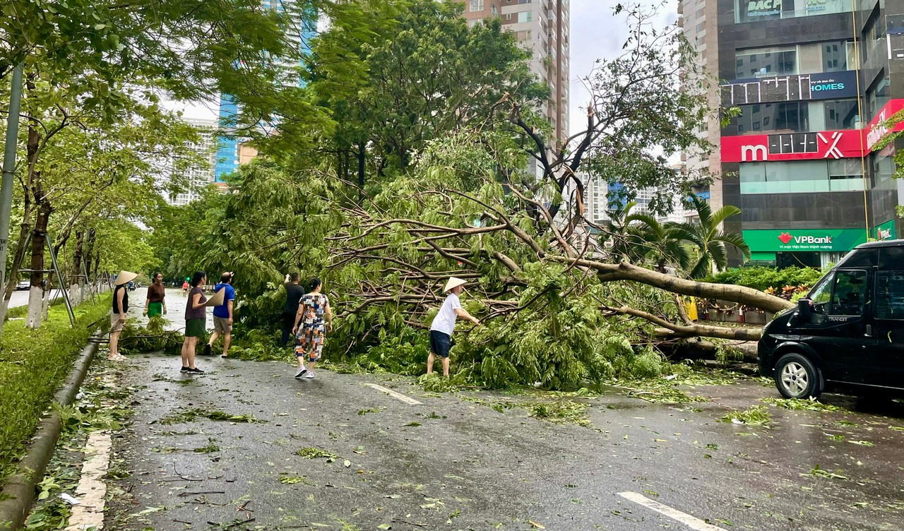 Người dân tự dọn dẹp cây xanh đổ sau bão trên phố Hoàng Đạo Thuý để mở lối đi. Ảnh: Nguyễn Hoài.