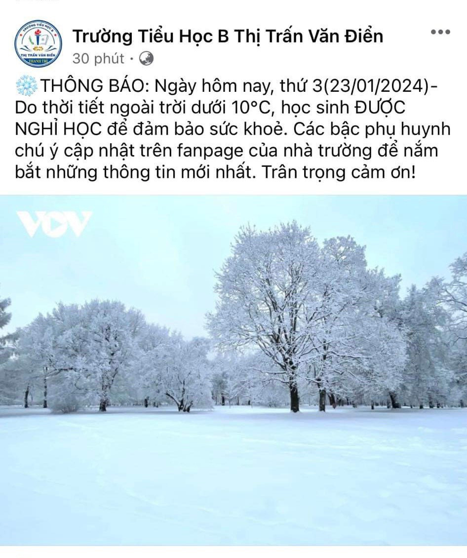 Trường tiểu học B Thị Trấn Văn Điển thông báo cho học sinh toàn trường nghỉ học. Trường tiểu học B Thị Trấn Văn Điển thông báo cho học sinh toàn trường nghỉ học.