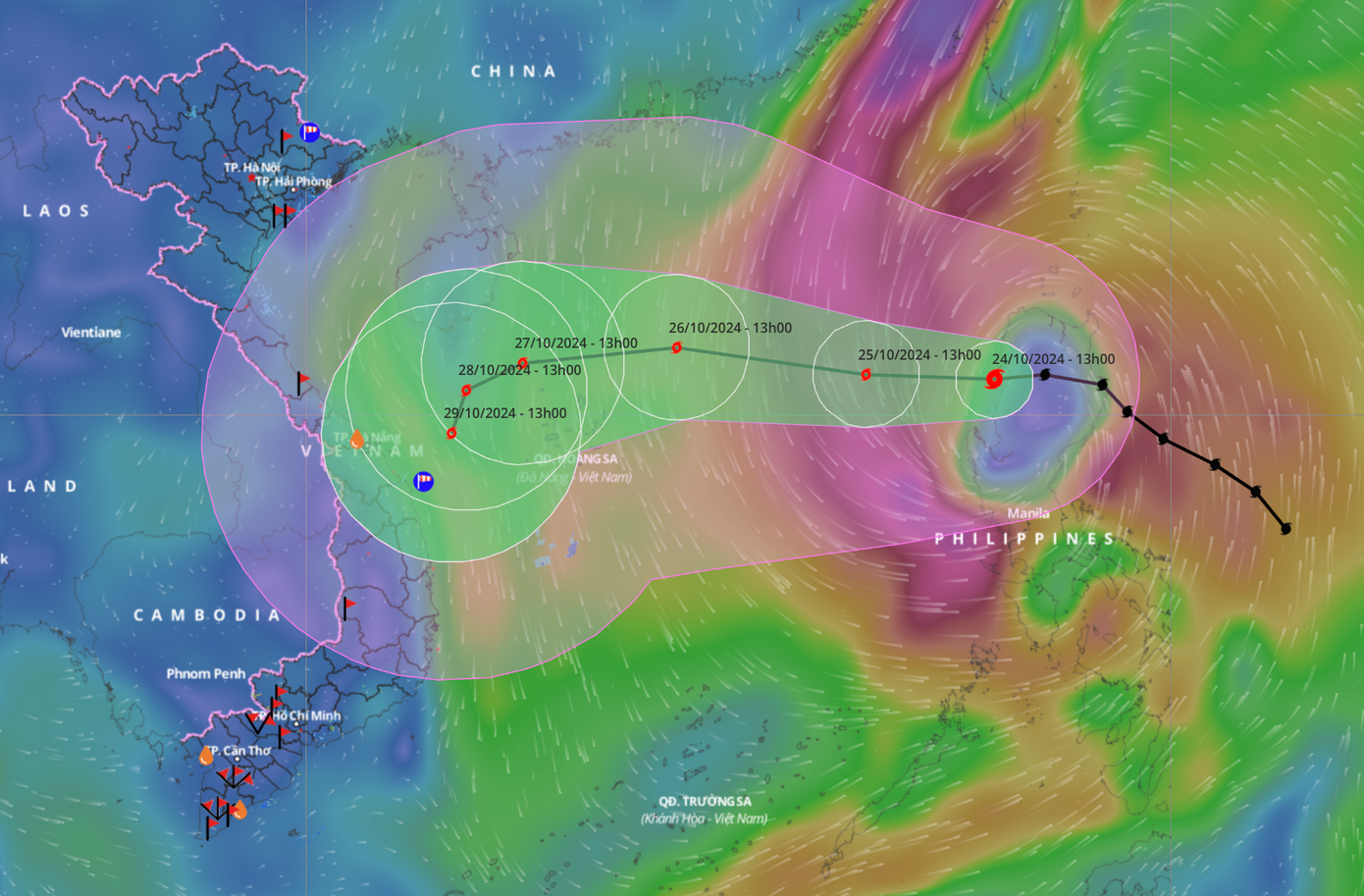 Dự báo đường đi và vùng ảnh hưởng của bão Trà Mi. Nguồn: Hệ thống giám sát thiên tai Việt Nam. Dự báo đường đi và vùng ảnh hưởng của bão Trà Mi. Nguồn: Hệ thống giám sát thiên tai Việt Nam.