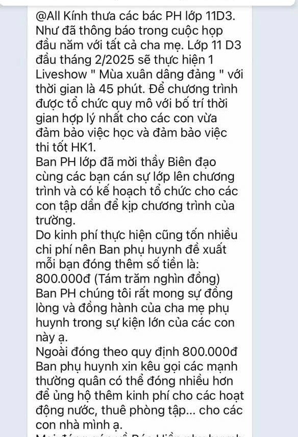 Thông báo thu mỗi học sinh 800 nghìn đồng cho chương trình văn nghệ của lớp 11D3. Thông báo thu mỗi học sinh 800 nghìn đồng cho chương trình văn nghệ của lớp 11D3.