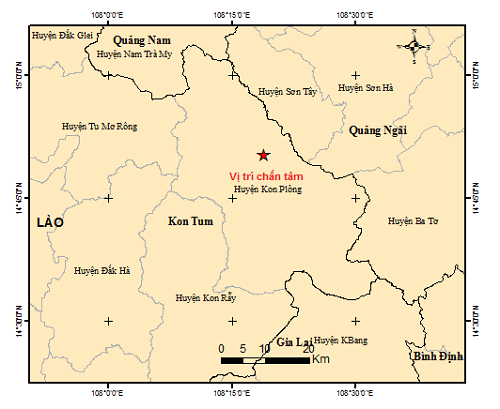 Tâm chấn trận động đất chiều nay (22/4) ở Kon Tum. Tâm chấn trận động đất chiều nay (22/4) ở Kon Tum.