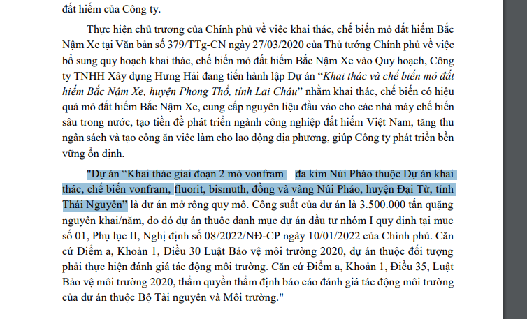 Thông tin về dự án Núi Pháo (Thái Nguyên) xuất hiện tại trang 10 Báo cáo đánh giá tác động môi trường của dự án “Khai thác và chế biến mỏ đất hiếm Bắc Nậm Xe. Ảnh: Nguyễn Hoài