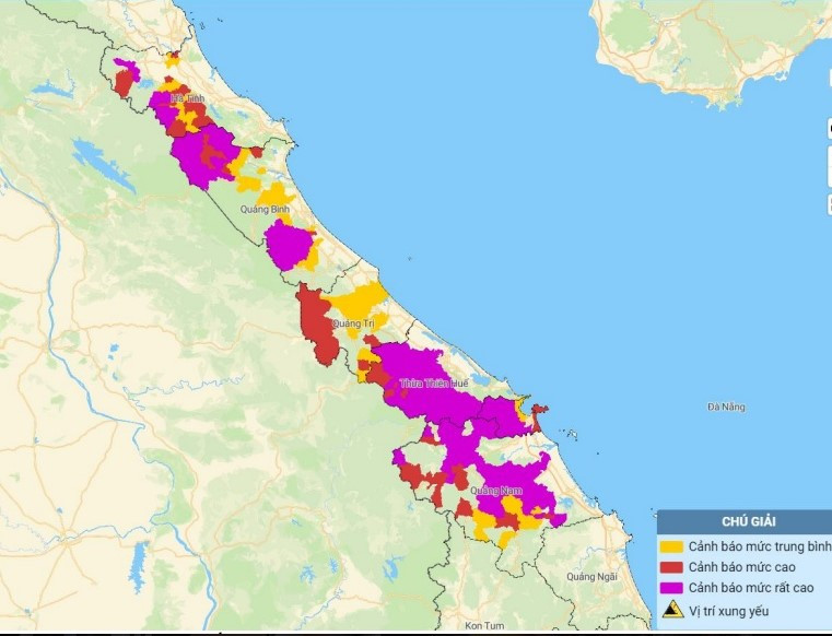 Bản đồ cảnh báo sạt lở đất ở các tỉnh miền Trung. Bản đồ cảnh báo sạt lở đất ở các tỉnh miền Trung.