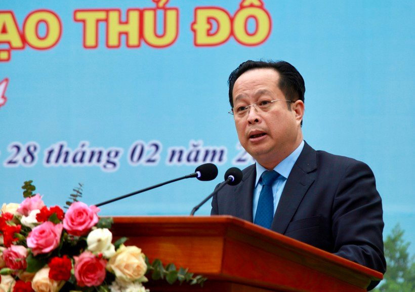 Ông Trần Thế Cương, Giám đốc Sở GD&amp;ĐT Hà Nội phát biểu tại lễ phát động “Tết trồng cây đời đời nhớ ơn Bác Hồ" Xuân Giáp Thìn năm 2024.