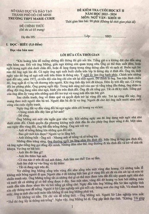 Đề Ngữ văn kiểm tra cuối học kỳ II của Trường THPT Marie Curie Thành phố Hồ Chí Minh.