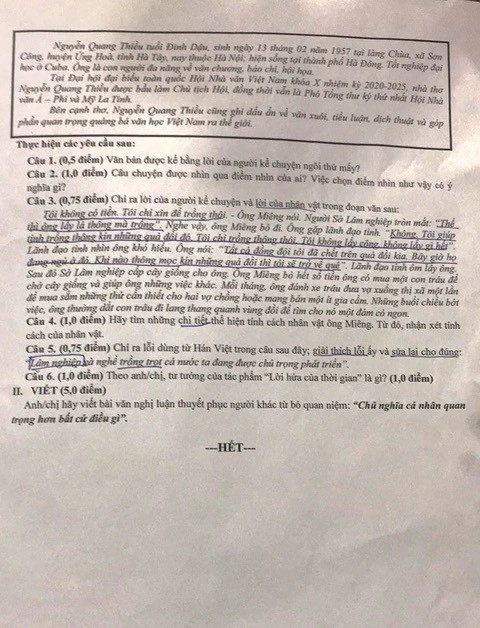 Đề Ngữ văn kiểm tra cuối học kỳ II của Trường THPT Marie Curie Thành phố Hồ Chí Minh.