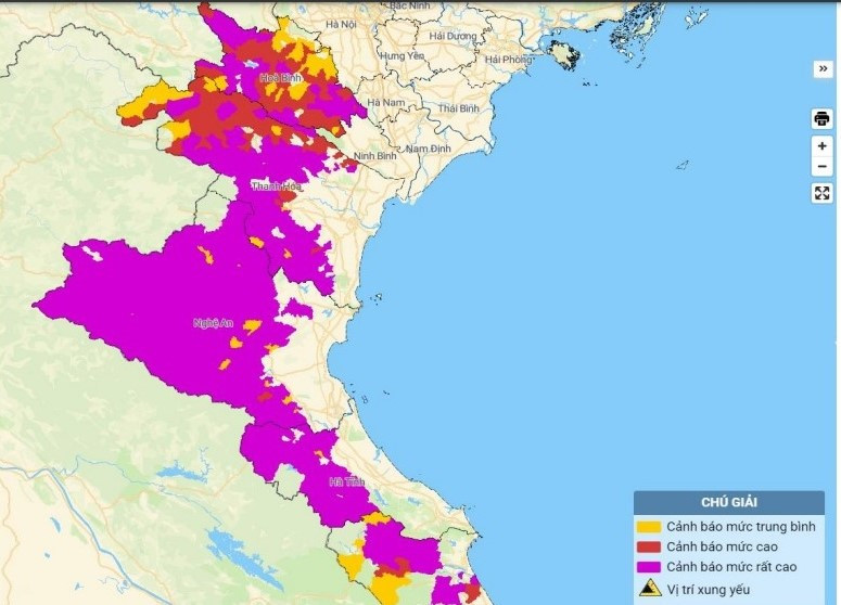 Bản đồ các khu vực có nguy cơ xảy ra sạt lở đất.