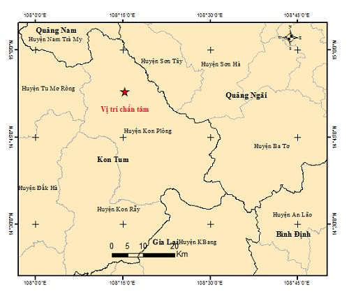 Tâm chấn (dấu sao) trận động đất mới nhất ở Kon Plông trong sáng nay. Tâm chấn (dấu sao) trận động đất mới nhất ở Kon Plông trong sáng nay.