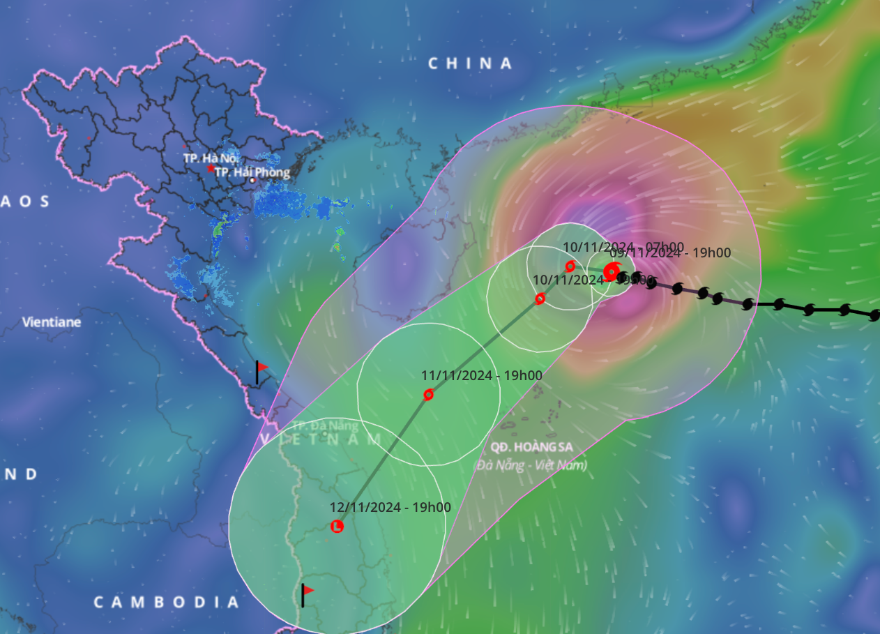 Dự báo mới nhất về đường đi và vùng ảnh hưởng của bão số 7. Nguồn: Hệ thống giám sát thiên tai Việt Nam.