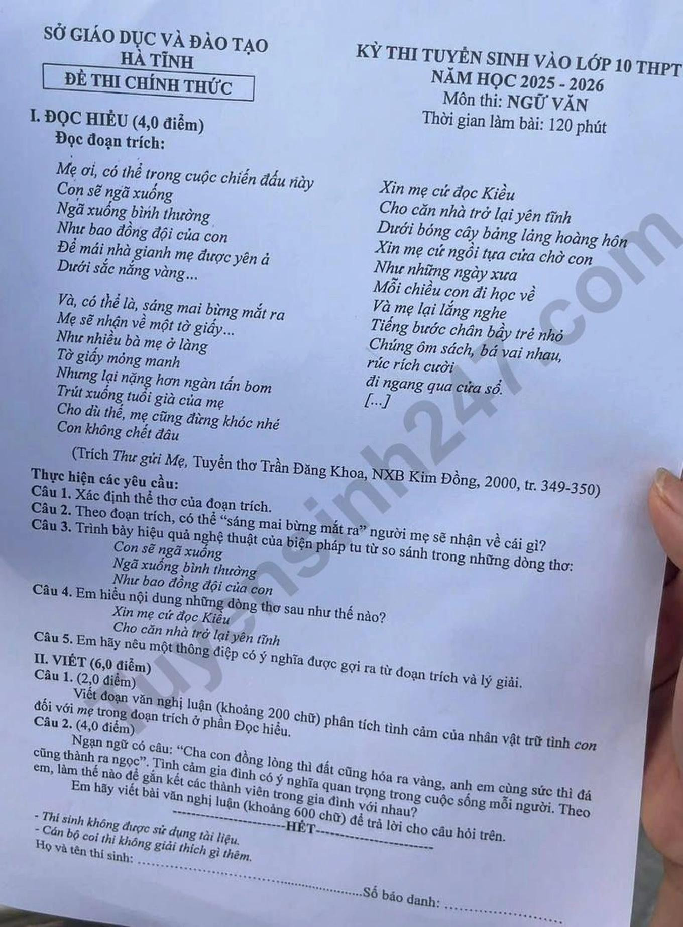 Đề thi môn ngữ văn vào lớp 10 tỉnh Hà Tĩnh không dài quá 1 trang giấy. Đề thi môn ngữ văn vào lớp 10 tỉnh Hà Tĩnh không dài quá 1 trang giấy.