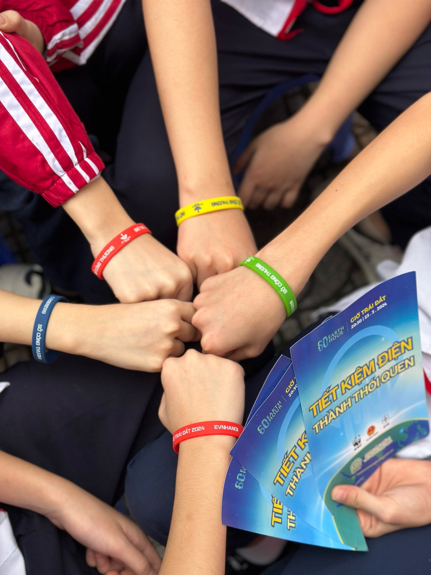 Học sinh Trường THCS Mạc Đĩnh Chi, quận Ba Đình (Hà Nội) cam kết hưởng ứng Giờ trái đất, bảo vệ môi trường.