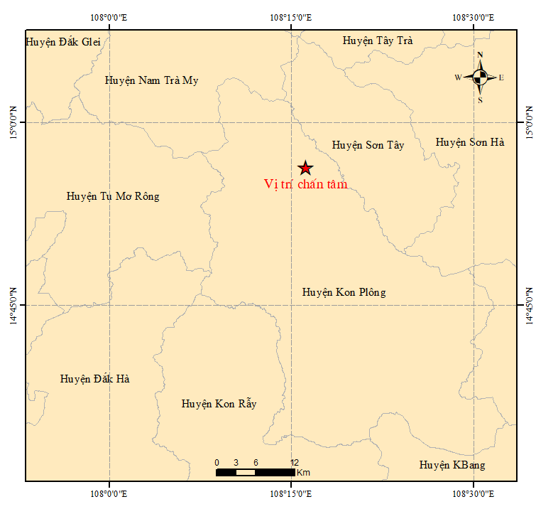 Tâm chấn trận động đất xảy ra rạng sáng nay (8/7) ở Kon Tum. Nguồn: Trung tâm Báo tin động đất và cảnh báo sóng thần. Tâm chấn trận động đất xảy ra rạng sáng nay (8/7) ở Kon Tum. Nguồn: Trung tâm Báo tin động đất và cảnh báo sóng thần.