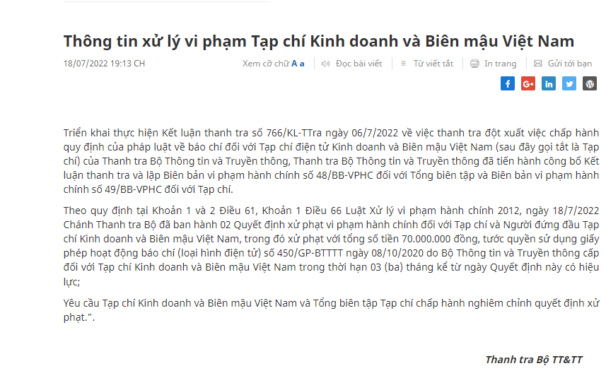 Bộ Thông tin và Truyền thông thông tin xử lý vi phạm Tạp chí Kinh doanh và Biên mậu Việt Nam.