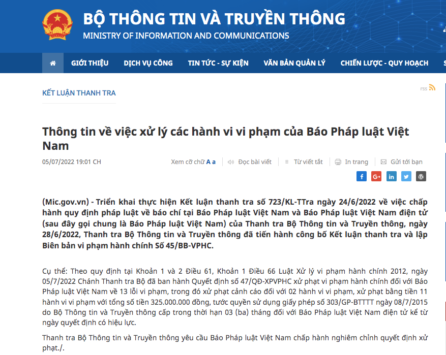 Bộ Thông tin và Truyền thông thông báo kết quả xử lý vi phạm hành chính với báo Pháp luật Việt Nam.