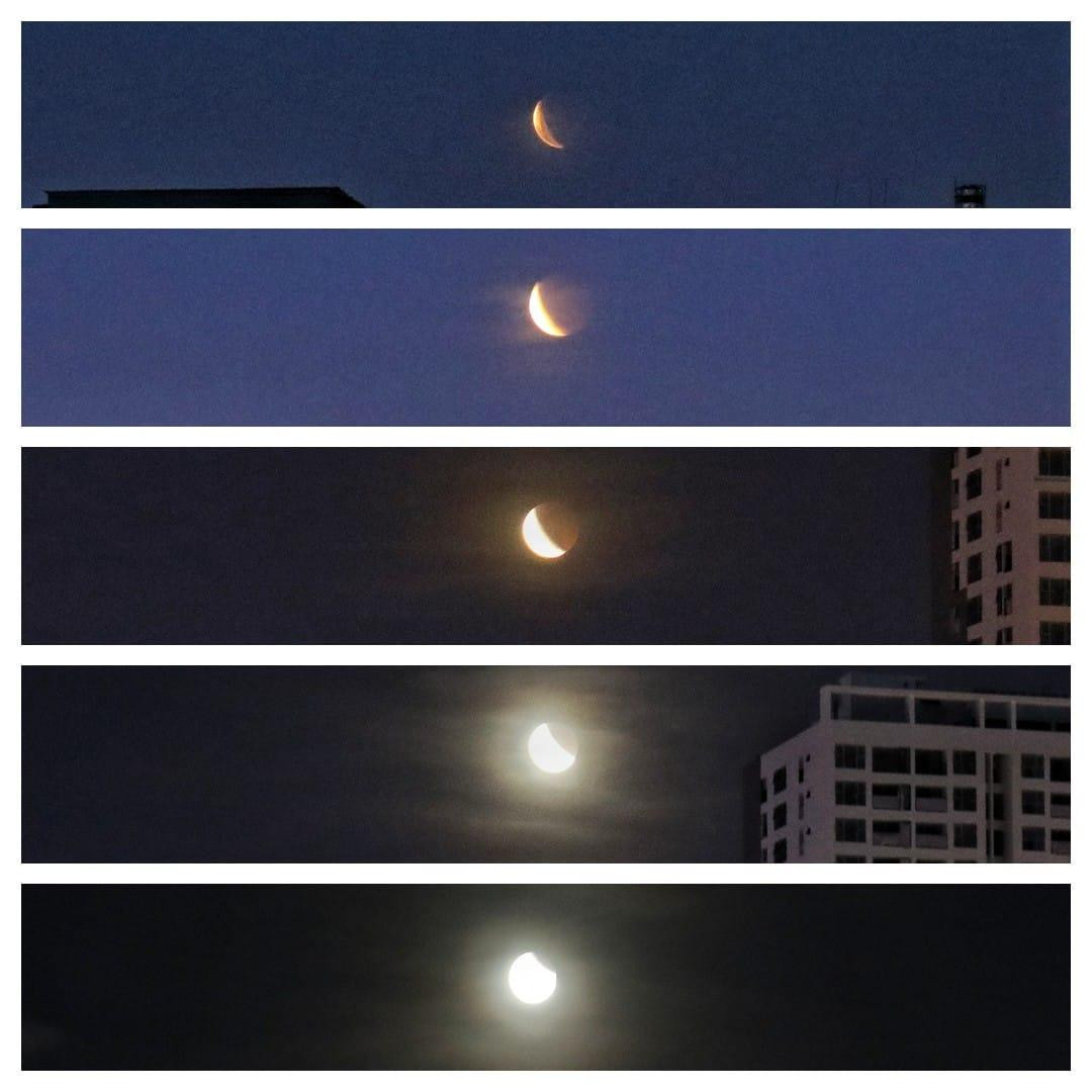 Hà Nội là một trong những nơi có thể quan sát khá tốt sự kiện thiên văn tối qua do điều kiện trời quang mây, không mưa. Tuy nhiên, tại Hà Nội chỉ có thể quan sát sự kiện từ sau 18h30, khi pha toàn phần đã kết thúc hoàn toàn, chuyển sang pha một phần. Trong ảnh là nguyệt thực và siêu trăng tối qua tại Hà Nội do Facebooker Miêu Miêu ghi lại. Nguyệt thực và siêu trăng tối qua trên bầu trời Hà Nội. Ảnh: ĐT.