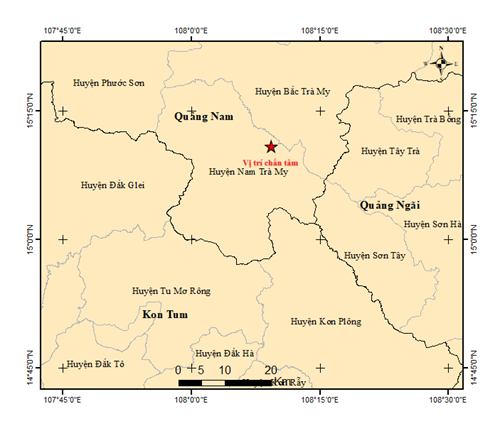 Tâm chấn trận động đất 3.8 độ tối nay ở khu vực huyện Nam Trà My, tỉnh Quảng Nam.