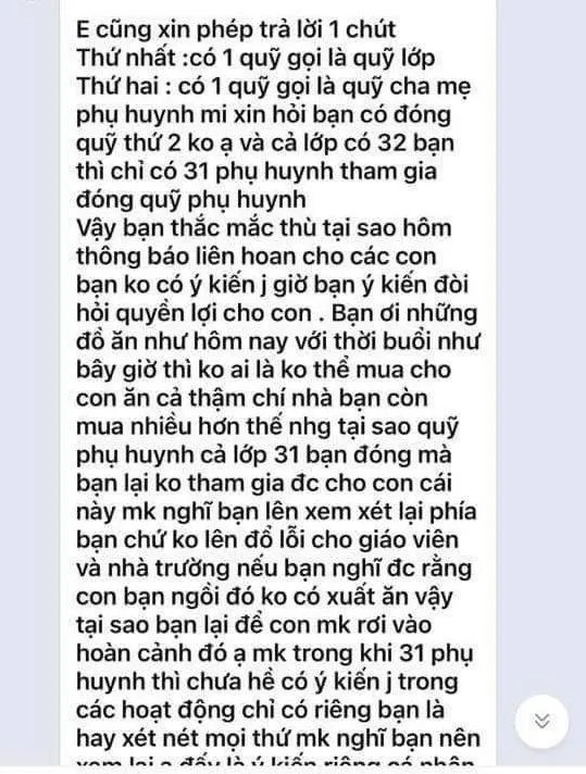 Ý kiến được cho là của phụ huynh trong nhóm chát của lớp 1C. Ý kiến được cho là của phụ huynh trong nhóm chát của lớp 1C.