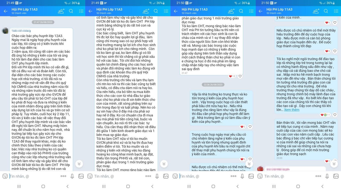 Tin nhắn trong nhóm phụ huynh của lớp được cho là nguyên nhân nhà trường mời phụ huynh đến làm việc. (Hình ảnh do phụ huynh cung cấp).