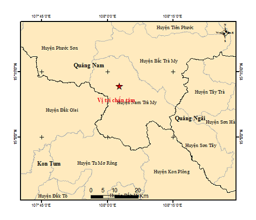 Tâm chấn (dấu sao) trận động đất sáng nay ở huyện Nam Trà My, Quảng Nam. Tâm chấn (dấu sao) trận động đất sáng nay ở huyện Nam Trà My, Quảng Nam.