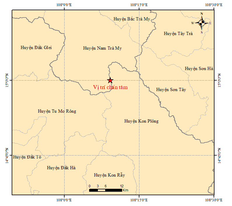 Tâm chấn trận động đất mạnh 4.2 độ trưa 25/5 tại Kon Tum.