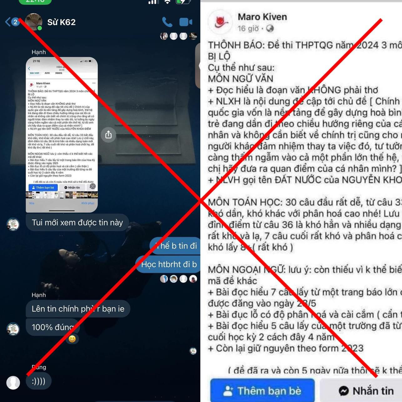 Đêm qua, các diễn đàn lan truyền thông tin sai sự thật về việc “lộ đề thi Tốt nghiệp THPT năm 2024”.