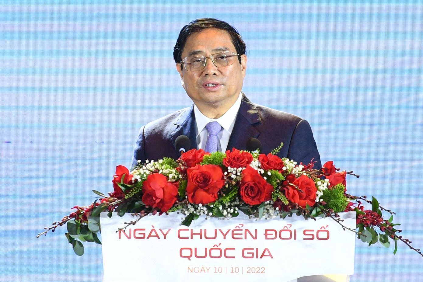 Thủ tướng Chính phủ Phạm Minh Chính phát biểu tại Ngày Chuyển đổi số Quốc gia sáng nay (10/10).