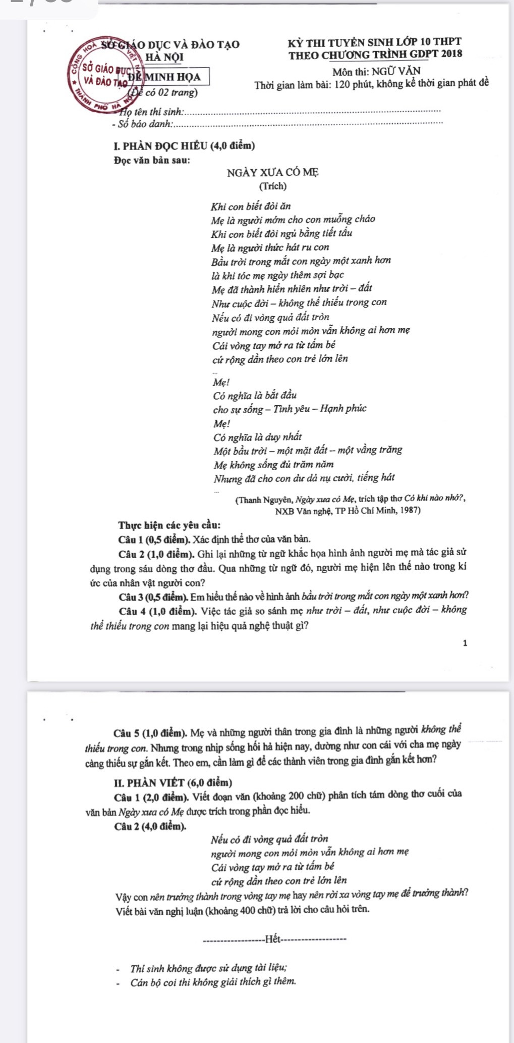 Đề minh họa môn Ngữ văn của Sở GD&ĐT Hà Nội theo chương trình GDPT 2018 công bố ngày 29/8. Đề minh họa môn Ngữ văn của Sở GD&ĐT Hà Nội theo chương trình GDPT 2018 công bố ngày 29/8.
