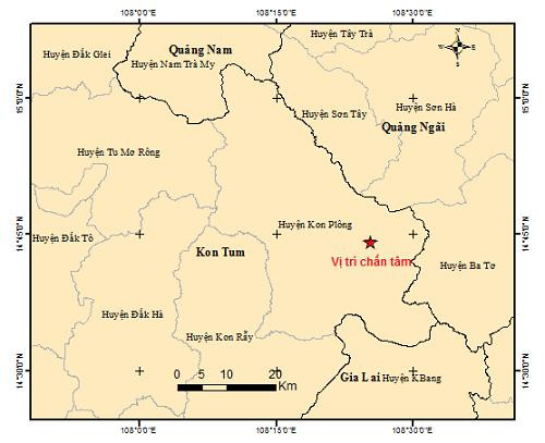Tâm chấn trận động đất mới nhất ở Kon Tum. Nguồn: Trung tâm Báo tin động đất và cảnh báo sóng thần. Tâm chấn trận động đất mới nhất ở Kon Tum. Nguồn: Trung tâm Báo tin động đất và cảnh báo sóng thần.