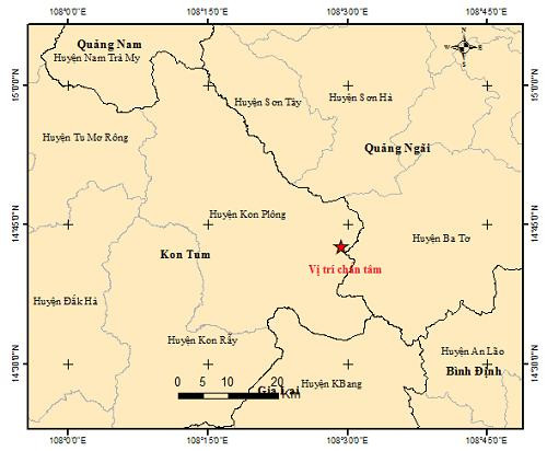 Tâm chấn trận động đất mới nhất xảy ra sáng nay ở Kon Tum.