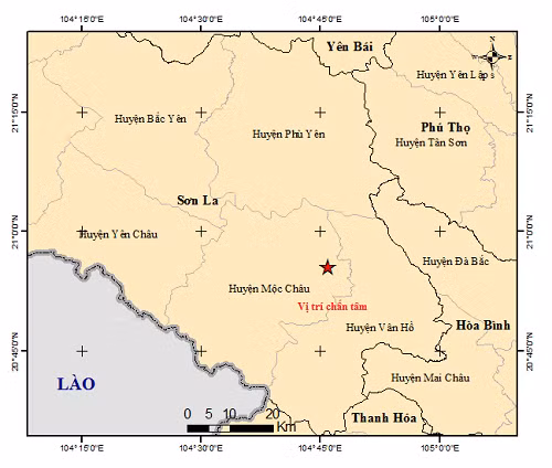 Tâm chấn (dấu sao) trận động đất sáng nay ở Mộc Châu (Sơn La). Tâm chấn (dấu sao) trận động đất sáng nay ở Mộc Châu (Sơn La).