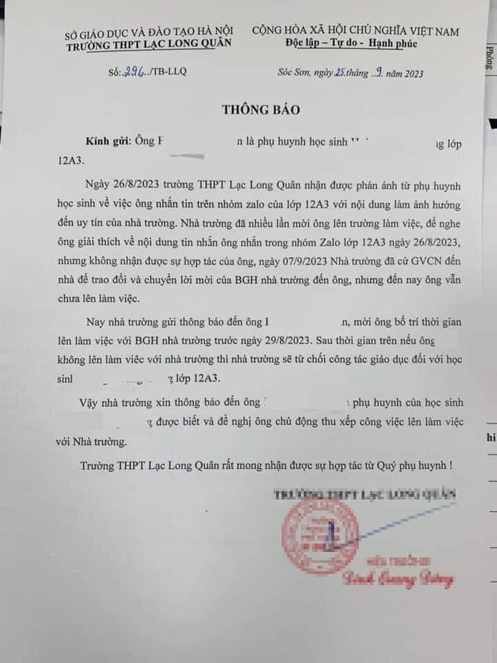 Trường THPT Lạc Long Quân ký thông báo gửi anh H.X.T có con học lớp 12A3 mời đến làm việc nếu không sẽ từ chối công tác giáo dục đối với học sinh.