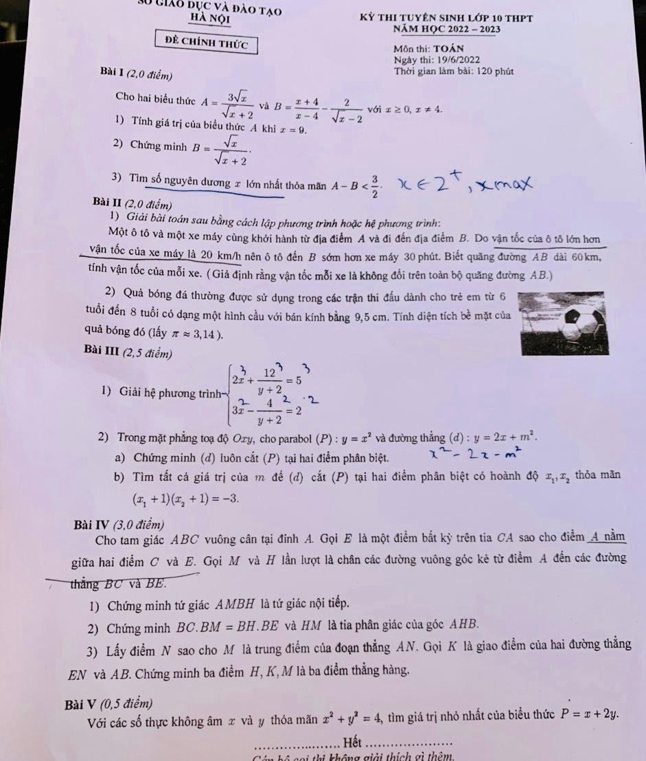 Đề thi môn Toán lớp 10 Hà Nội