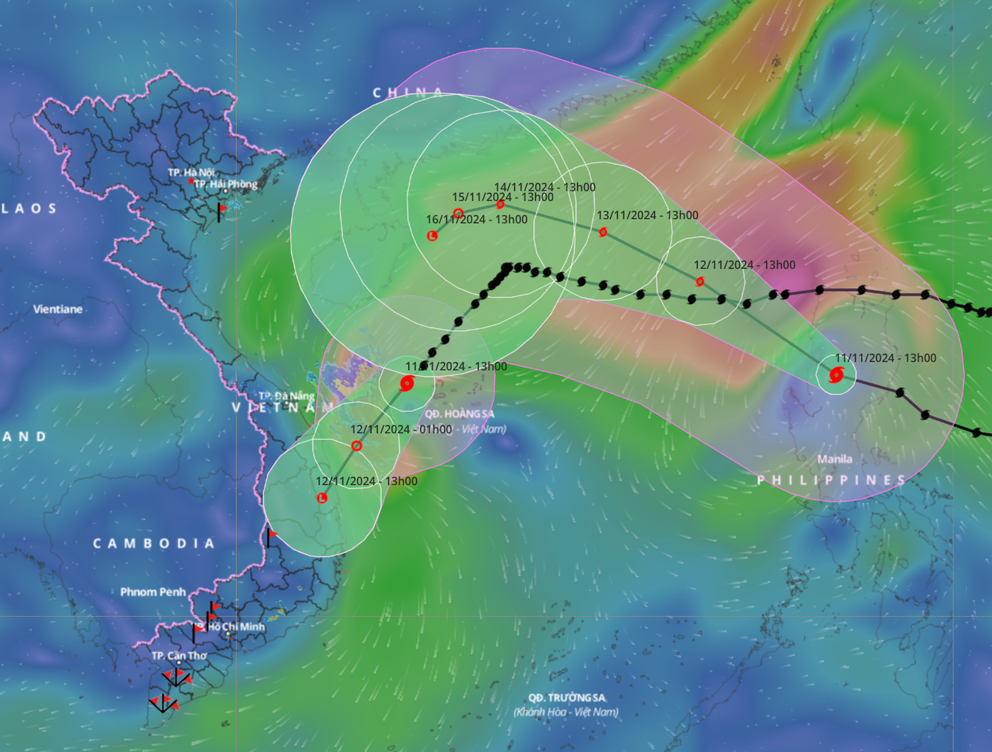 Dự báo bão số 7 suy yếu thành áp thấp nhiệt đới trong đêm nay và đi vào đất liền trong sáng mai. Nguồn: Hệ thống giám sát thiên tai Việt Nam.