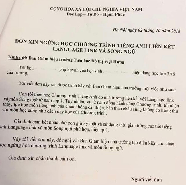 Năm 2018, phụ huynh Trường tiểu học Đô thị Việt Hưng, quận Long Biên (Hà Nội) từng viết đơn xin ngừng học môn liên kết vì không hiệu quả.