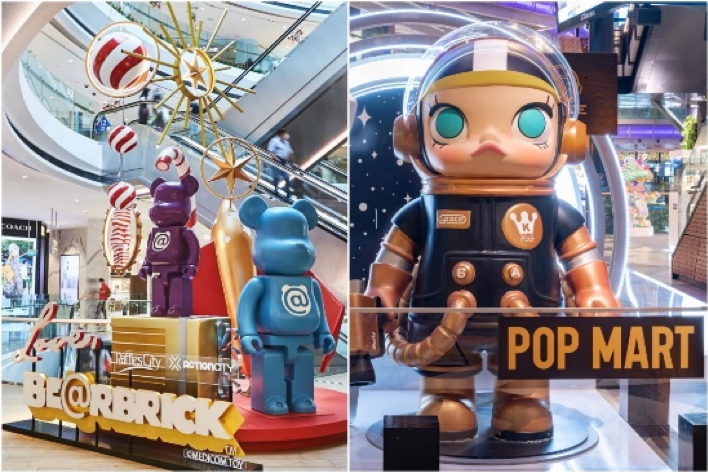 Mô hình trưng bày Be@rbrick tại Raffles City (trái) và Triển lãm Molly 15: Into the Future Exhibition tại Funan Mall. Ảnh: Actioncity/Raffles City, Popmart/Capitaland Mô hình trưng bày Be@rbrick tại Raffles City (trái) và Triển lãm Molly 15: Into the Future Exhibition tại Funan Mall. Ảnh: Actioncity/Raffles City, Popmart/Capitaland