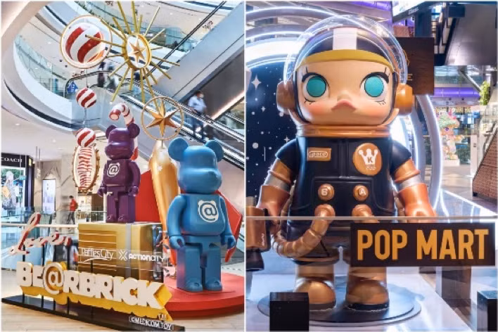 Mô hình trưng bày Be@rbrick tại Raffles City (trái) và Triển lãm Molly 15: Into the Future Exhibition tại Funan Mall. Ảnh: Actioncity/Raffles City, Popmart/Capitaland