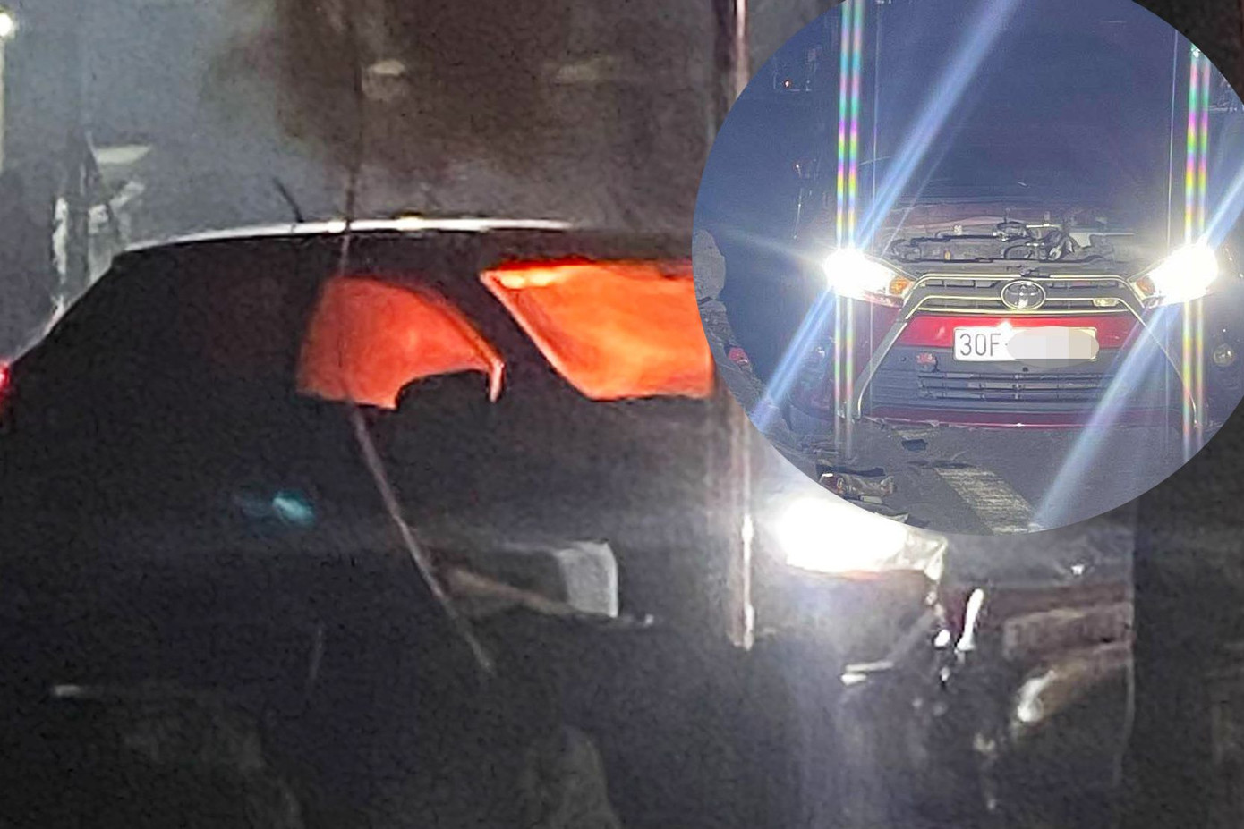 Ô tô bốc cháy trong khoang lái. Ảnh: N.K.T Ô tô bốc cháy trong khoang lái. Ảnh: N.K.T