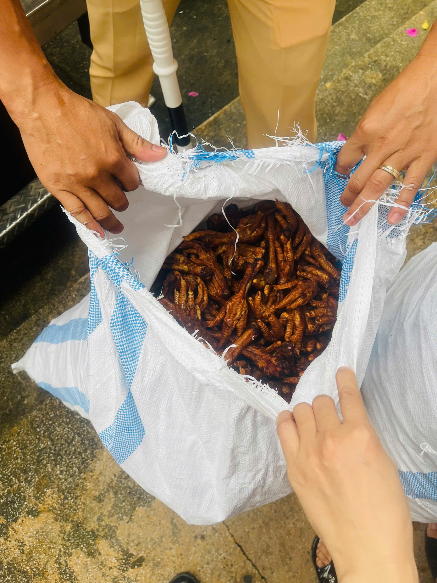 Chân gà được chiên sẵn, đóng trong các bao tải. Chân gà được chiên sẵn, đóng trong các bao tải.