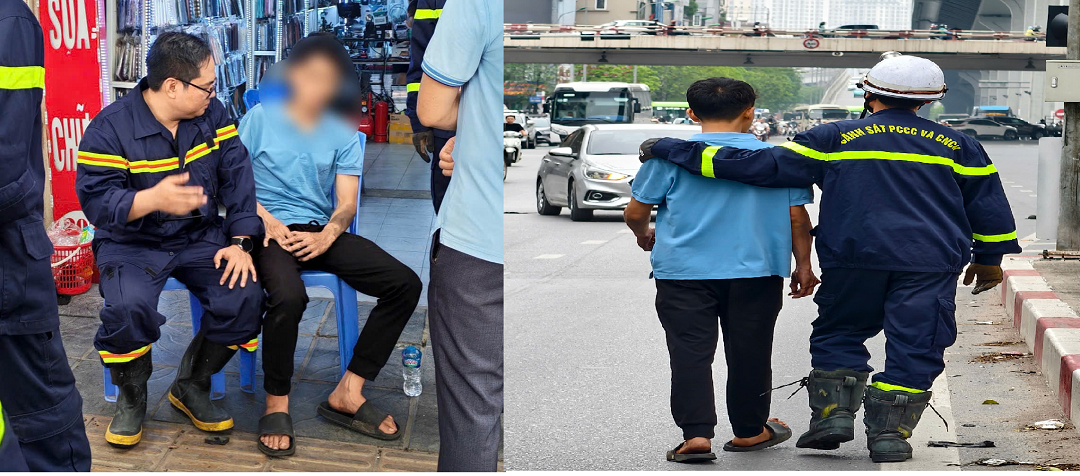 Cảnh sát giải cứu nam thanh niên đưa xuống dưới an toàn. Cảnh sát giải cứu nam thanh niên đưa xuống dưới an toàn.