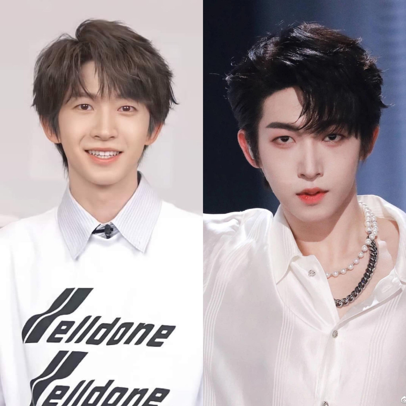 Lưu Vũ (INTO1) trang điểm nhẹ trong lần xuất hiện gần đây được cho là do ảnh hưởng của "luật" cấm này (trái) và phong cách cũ của nam idol (phải).