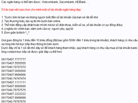 Một trang web rao bán số tài khoản ngân hàng đẹp với giá 1-10 triệu đồng. Ảnh chụp màn hình