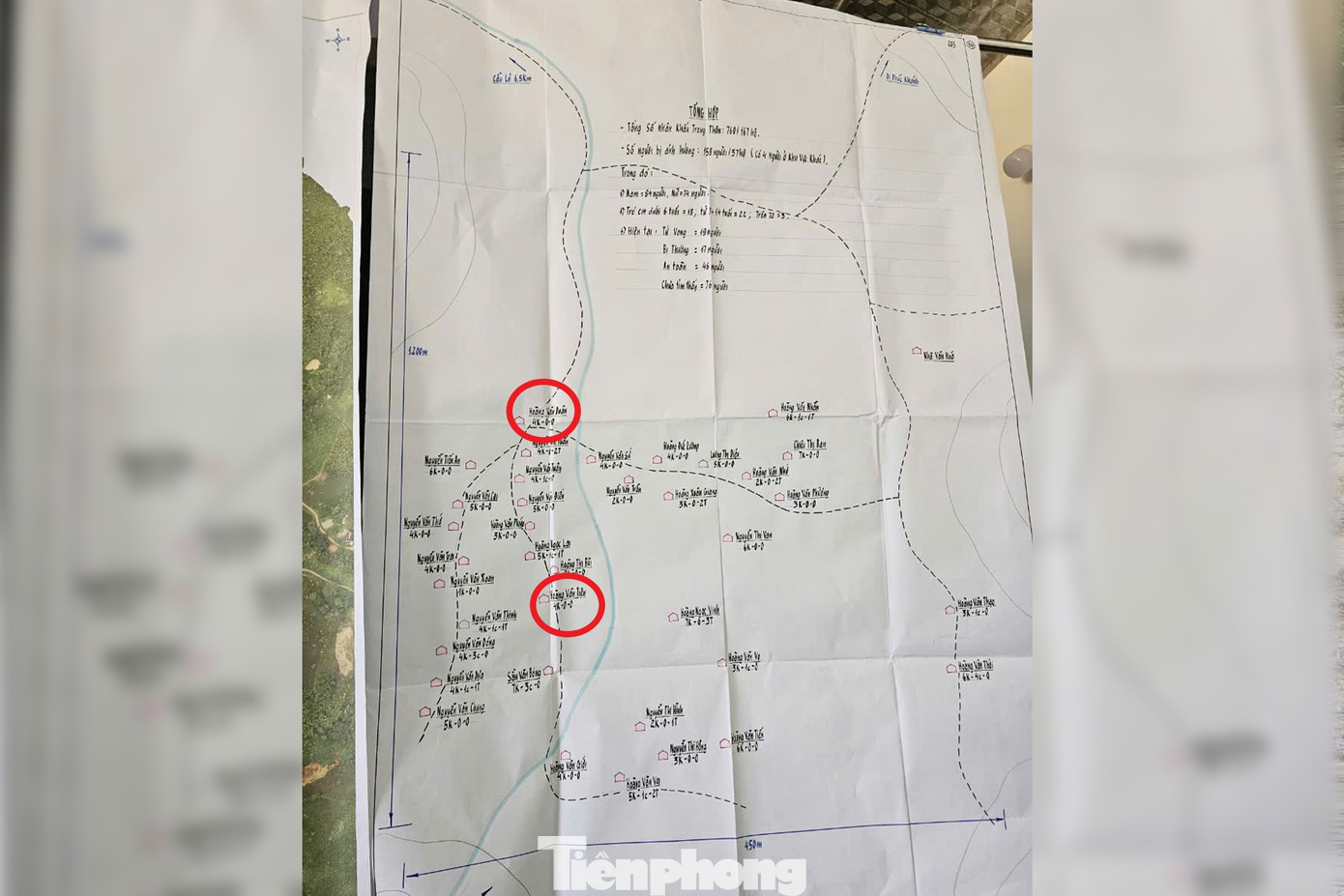 Vị trí 2 hộ dân khoanh đỏ may mắn thoát chết trong vụ sạt lở, lũ quét tại làng Nủ.