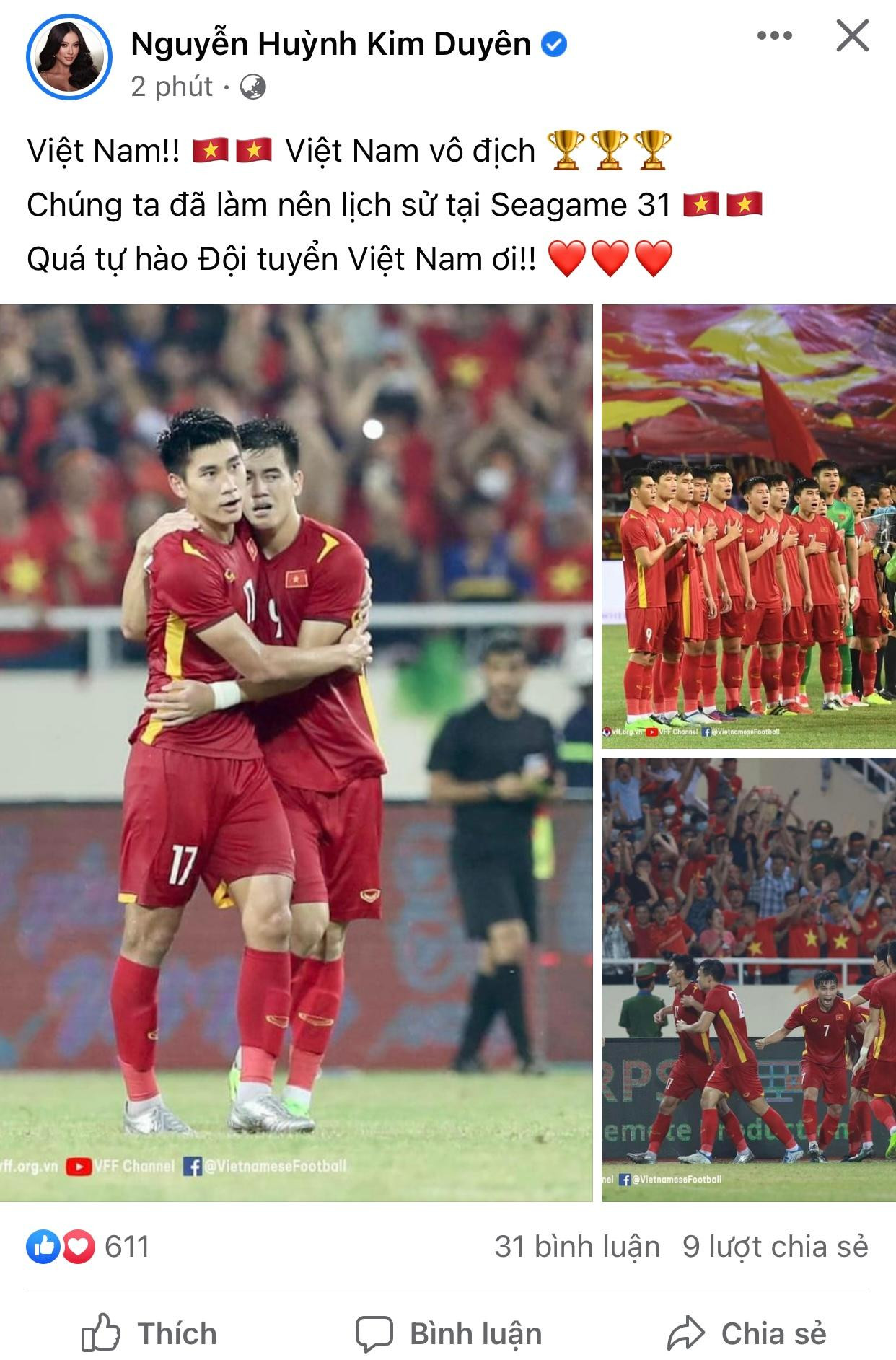 Á hậu Kim Duyên chia sẻ cảm xúc tự hào sau khi U23 Việt Nam vô địch SEA Games 31.