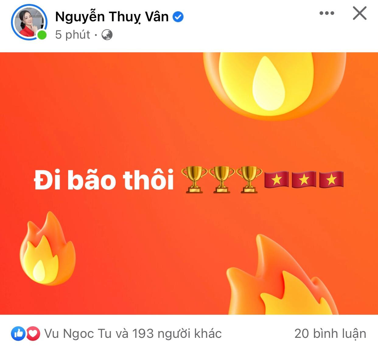 Á hậu Thuỵ Vân chia sẻ trên trang cá nhân niềm vui chiến thắng.