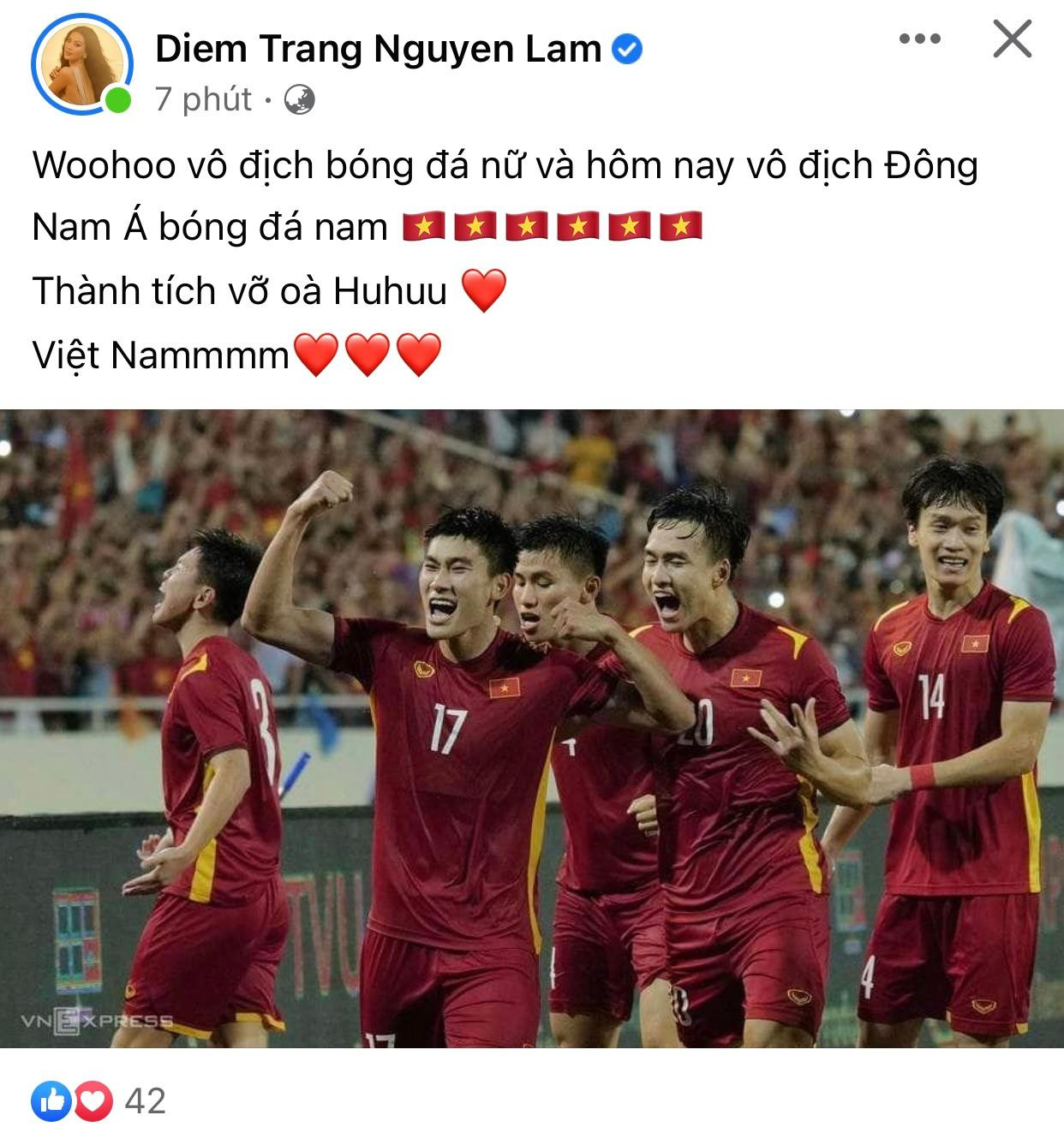 Á hậu Diễm Trang tự hào khi cả bóng đá nam và nữ của chúng ta đều giành chức vô địch ở SEA Games 31.